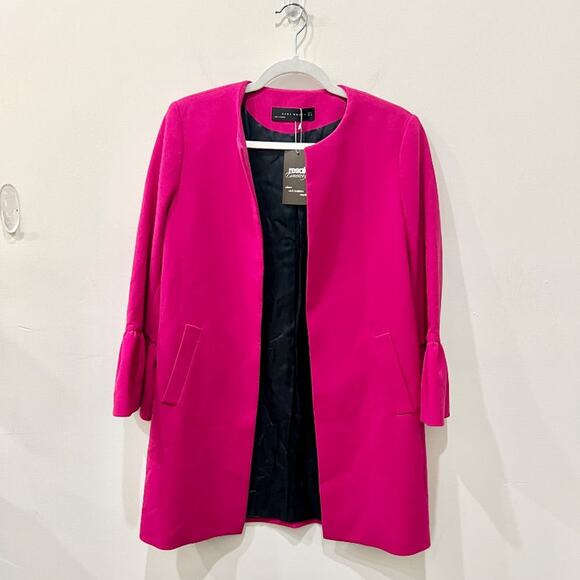 Zara Bell Sleeves Frilled Cuffs Open Coat Jacket with Pocket Pink Women's Small - Picture 1 of 5